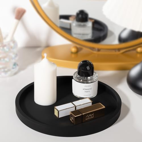 Silicone Bathroom Tray Round Vanity Tray Decorative Soap Holder Kitchen Countertop Organizer Coffee Table Decor for Candle, Perfume, Plant, 9 Inch, Black - color: Black, size: 9"