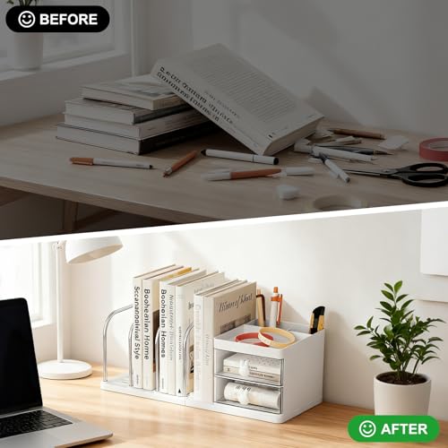Desk Organizer with 2 Drawer, Desktop File Organizer with 4 Bookends, with Pen Holder, for Home Office School Supplies