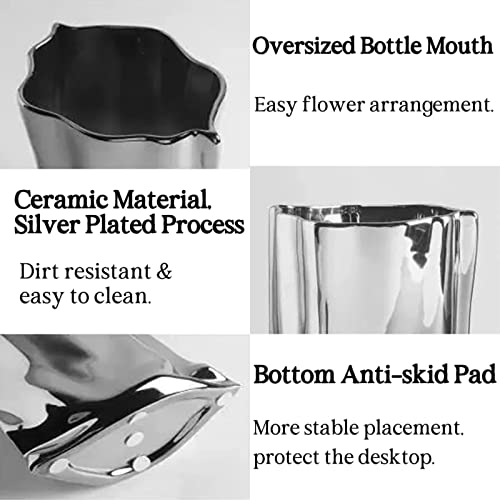 BLOFLO Silver Ceramic Modern Vase Crinkle Fold Paper Bag Handmade Ceramic Vase, Creative Flower Arrangement Ornaments, Decorative Vases for Home Decor, Mantel, Living Room Decoration (Silver)