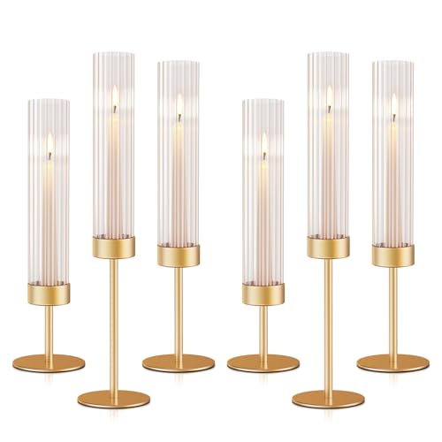 Gold Hurricane Candle Holders: Fluted Candlestick Holders for Wedding Tall Brass Taper Candle Holder Modern Candle Sticks Holder Decor for Table Centerpiece Party Birthday Christmas Set of 6 - size: Set of 6