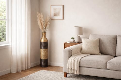24" Gold and Grey Embossed Metal Decorative Floor Vase – Large Modern Luxury Accent Vase for Living Room, Entryway & Home Decor