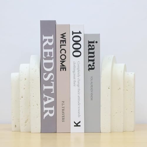 Decorative Book Ends for Shelves - Boho Aesthetic Bookends Decor - Heavy Duty Travertine Book Stopper Holder for Home Office Desk Coffee Table, Gifts for Book Lovers (Light Yellow) - color: Light Yellow