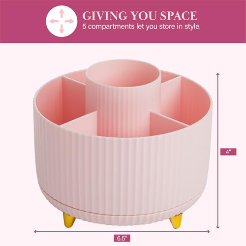 Paris Hilton 360° Rotating Makeup Brush Holder, Fluted Design with 5 Compartments, Glam Organizer for Brushes & Tools, Pink - style: Brush Holder