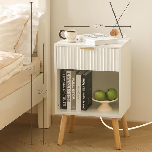 Fultyle White Nightstand with Charging Station, Mid Century Modern Bedside Table with Drawers and Outlet,Side Tables Living Room, Wooden Night Stand for Bedroom, Office (White) - color: White With Charging Station