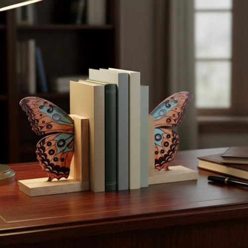 Decorative Butterfly Bookends Wooden Acrylic Butterflys Bookend Modern Bookshelf Decor Accent Book Stopper Decor for Home Farmhouse Shelves Office Lover Gift(Junonia Almana Butterfly) - style: Junonia Almana Butterfly