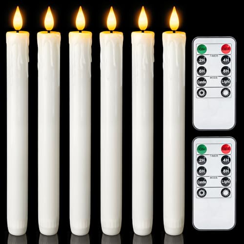 Homemory Real Wax LED Flameless Taper Candles with Timer, Dripless Fake Candlesticks with 3D Flickering Flame, 9.6 Inches White Window Candle for Fireplace Christmas Halloween - style: Farmhouse - White 9.6"