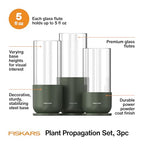 Fiskars Plant Propagation Set, Glass Vases with Metal Stands for Rooting Cuttings, Hydroponic System for Growing Plants in Water & Decorative Display for Indoor Garden Decor, 3 Pack, Clear