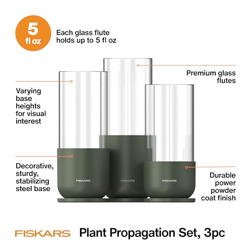 Fiskars Plant Propagation Set, Glass Vases with Metal Stands for Rooting Cuttings, Hydroponic System for Growing Plants in Water & Decorative Display for Indoor Garden Decor, 3 Pack, Clear