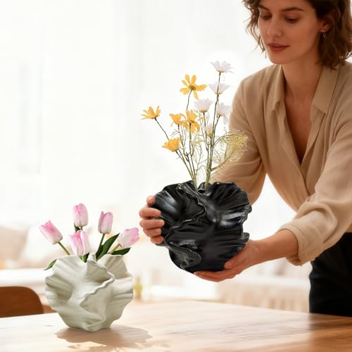 Ceramic Vase, Set of 2 Black & White Vases for Home Decoration, Flower Vase Minimalist Nordic Boho Style for Modern Farmhouse Decor, Living Room; Kitchen; Bedroom; Coffee Table; Office etc - color: 2 Small Ceramic Vases