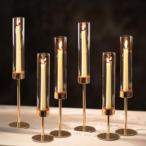 NUPTIO Hurricane Candle Holder for Candlestick: 6 Pcs Gold Taper Candlestick Holders - Tall Modern Candles Stick Decor with Cylinder Shape Cover for Dinner Table Centerpiece - color: Clear, size: 6pcs