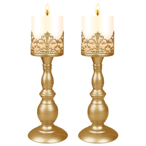 Candle Holders for Pillar Candles Gothic Matte Gold Vintage Tall Candle Holders Set of 2 Decorative Large Table Centerpieces Candle Stand Decor (Matte Gold 2PCS A) - color: Matte Gold 2pcs a