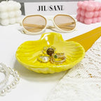 Shell Trinket Dish, Ceramic Jewelry Dish Tray, Cute Organizer Plate for Jewelry, Seashell Jewelry Ring Holder, Birthday Mother's Day Christmas Gift for Women, 3.9", Bright Yellow Iridescent Surface - color: Bright Yellow