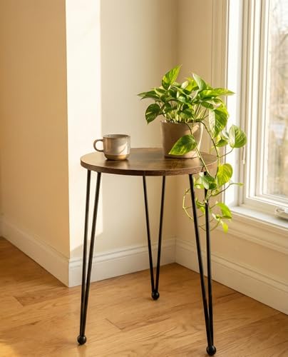 17 Inch Tall Metal Plant Stand Indoor,Heavy Duty Flower Pot Holder with 11.5 Inch Modern Round Board Table,Sturdy Metal Tripod Design Side Table,Matte Black - color: Walnut