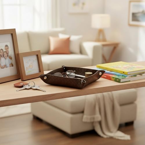 UnionBasic Small Valet Tray, Jewelry Tray for Rings Watches Earrings, Entryway Catchall Caddy for Coins Keys Change, Nightstand Bedside Valet Holder, Trays for Electronic Gadgets, Woven Coffee - color: Woven Coffee, size: 5.4" x 5.4" x 1.6"