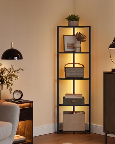 VASAGLE Corner Shelf Stand with LED Lights, 5-Tier Corner Bookshelf, Storage Shelf with Steel Frame, 9.8 x 18.9 x 57.7 Inches, for Living Room, Bedroom, Study, Ebony Black ULBC590B01 - color: Ebony Black