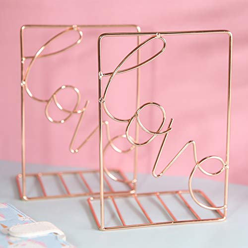 Winterworm Metal Bookends Book Ends Heavy Duty Modern Decorative for Bedroom Library Office School Book Display Desktop Organizer Gift(Love Rose Gold) - color: Love Rose Gold
