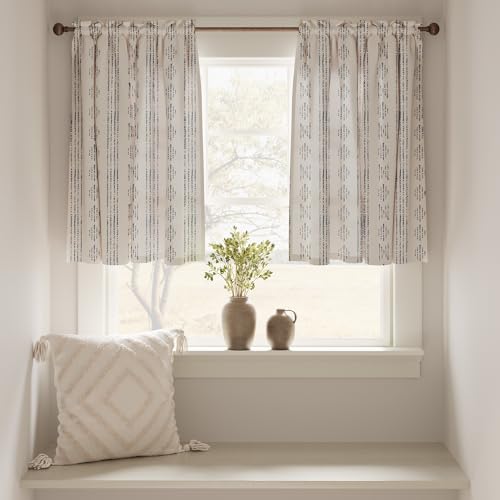 jinchan Boho Kitchen Curtains Linen Tier Curtains 24 Inches Bohemian Cafe Small Drapes Striped Mudcloth Farmhouse for Bathroom RV Camper Light Filtering Rod Pocket 2 Panels Blue on Beige - color: Boho Blue on Beige, size: 26"W x 24"L (Pack of 2)
