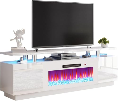 AMERLIFE Fireplace TV Stand with 36" Fireplace, 70" Modern Fireplace Entertainment Center LED Lights, 2 Tier TV Console Cabinet for TVs Up to 80", White & White - color: White & White, size: 70"