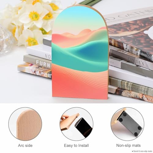 Colorful Mountains Wooden Bookends Shelves 2 PCS Minimalist Design Rolling Hills Sturdy Book Holders Desktop Organizer for Home Office Libraries - color: Color