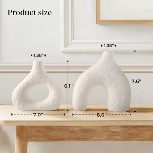 DOWAN Ceramic Vase Set of 2, 7.6" Decorative Pampas Vase for Home Decor, Modern Farmhouse Pottery Vase for Living Room Coffee Table Kitchen Bedroom Desk Entryway Mantel Book Shelf, Soft White