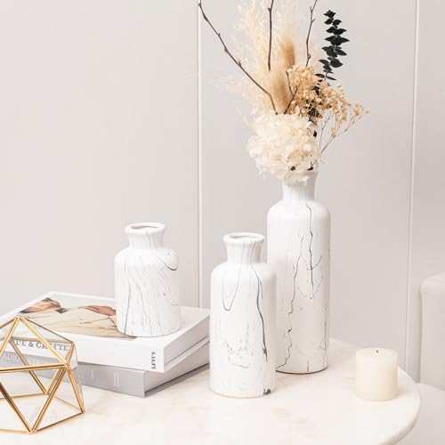 Modern Ceramic Flower Vase Set of 3, Minimalist Vase for Home Decor, Decorative Vase for Table Entryway Mantel Centerpiece Living Room Bathroom Bedroom (White Gray Marble) - color: 104-white Gray Marble