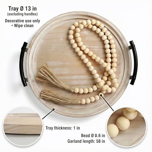 13" Round Decorative Wood Tray with Handles, Whitewashed Farmhouse Coffee Table Decor for Living Room, Entryway & Kitchen Island, Includes Bead Garland, Giftable Home Decor