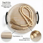 13" Round Decorative Wood Tray with Handles, Whitewashed Farmhouse Coffee Table Decor for Living Room, Entryway & Kitchen Island, Includes Bead Garland, Giftable Home Decor