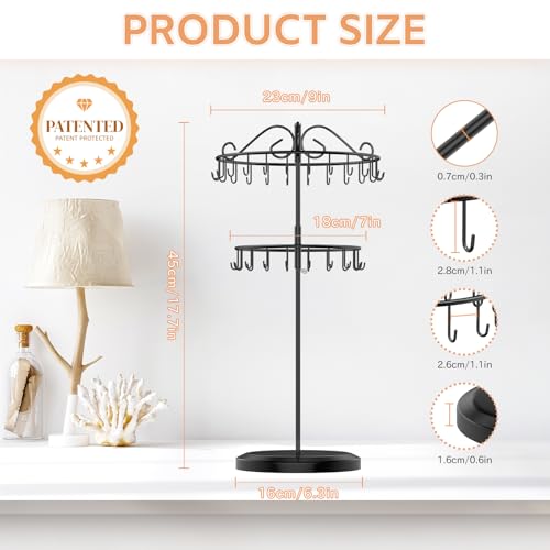 iDavosic.ly 2 Tier Rotating Necklace Holder Organizer with 42 Hooks, Adjustable Metal Bracelet Display Stand Rack, Extra Tall Keychain Spinning Tree Tower for Women, Black - color: Black