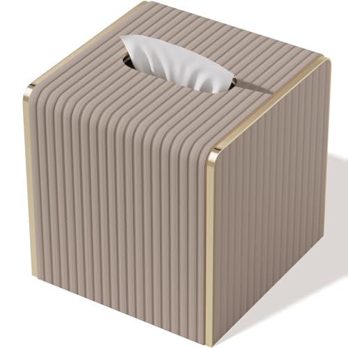 Tissue Box Cover,Beige Cube Leather Tissue Box Holders with Gold-Tone Edging Accents,Decorative Tissue Covers for Bathroom Toilet Bedroom Living Room Table Desk Office Car,Decor Aesthetic - color: Beige, size: Square Standard