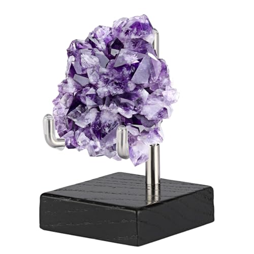 Hipiwe Adjustable Stainless Steel Arms Display Stand Wooden Base Rock Display Small Display Easel Holder for Displaying Fossil Coral Geodes Rock Mineral Agate Plate Seashell and Photos, 2"x2"x3.1" - size: Small