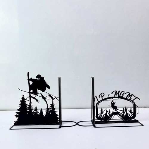 Sports Themed Metal Bookends, Book Ends for Shelves, Office Desk, Cookbook Stand, CD Holder, Magazine Holder for Office Organization, Housewarming Gifts New Home (Snow Skiing Design) - color: Snow Skiing Design