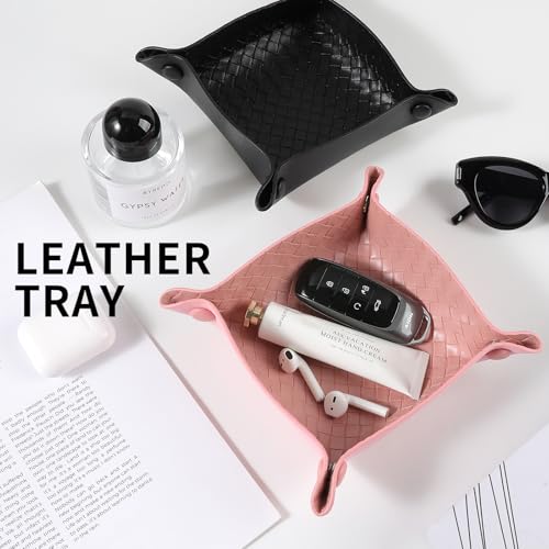 KINIVA 2 Pack PU Leather Jewelry Valet Tray for Men Women,Small Key Bowl for Entryway Table,Portable Travel Catchall Dice Tray (Square-Pink-2pcs) - style: Square-Pink-2pcs