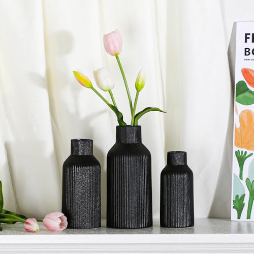 Bohemian Black Ceramic Vase - for Pampas Grass, Mantel, Bookshelf, Entryway and Living Room Decor (Black, Set of 3) - color: Black, size: Set of 3