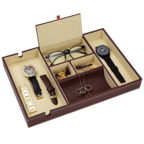 Juvale Rectangular Catchall Tray - 6-Compartment Nightstand Organizer - Polished Key Bowl - Portable Drawer Organizer - Brown Faux Leather - color: Brown