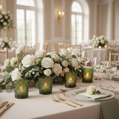 12 Pack Patented Sun Moon Star Embossed Glass Tea Light Candle Holders - Unique Votive Candle Holders for Wedding, Party, and Table Centerpieces (Moss Green) - color: Moss Green