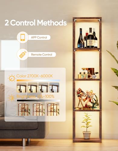 PARTPHONER Floor Lamp Glass Display Shelf with Remote/APP Control, Dimmable LED Floor Lamp with Shelves, Open Display Cabinet, Color Temp Control (2700K-6000K), Rustic Brown - color: Rustic Brown