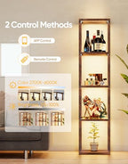 PARTPHONER Floor Lamp Glass Display Shelf with Remote/APP Control, Dimmable LED Floor Lamp with Shelves, Open Display Cabinet, Color Temp Control (2700K-6000K), Rustic Brown - color: Rustic Brown