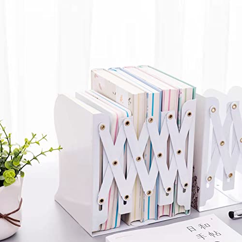 Adjustable Metal Bookends Heavy Duty for Shelves, 2 Dividers, Anti-Slip Design Expandable Book Ends for Desk, Office(White, 19 inches Max) - color: White