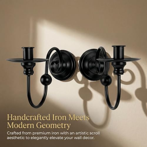 Set of 2 Black Wall Sconces Candle Holder - Modern Farmhouse Iron Scroll Wall Decor for Living Room, Dining Room & Bathroom - Vintage Metal Wall Art Sconce for Pillar Candles (8.6" x 5.9" x 3.5")