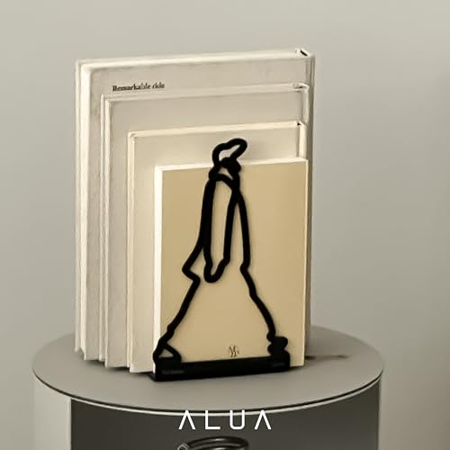 ALUA - Metal Bookend Modern Line Art Design Heavy-Duty and Scratch-Resistant Space-Saving Organizer (C, Black)