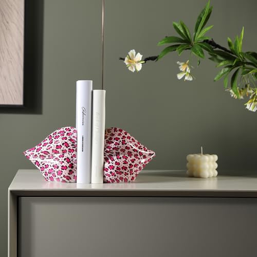 Leopard Print Lips Decorated Bookends，Set of 2 Heavy Decorative Book Stoppers，Unique Resin Decoration，Creative Desktop Decor for Study Room Hotel Office Shelves - color: Leopard Print