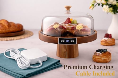 Velvera Heated Cake Stand with Dome, Cordless Food Warmer, Adjustable Temperature up to 180°F, Wooden Cake Display Stand for Cakes, Brownies, Pastries, Muffins & Cookies