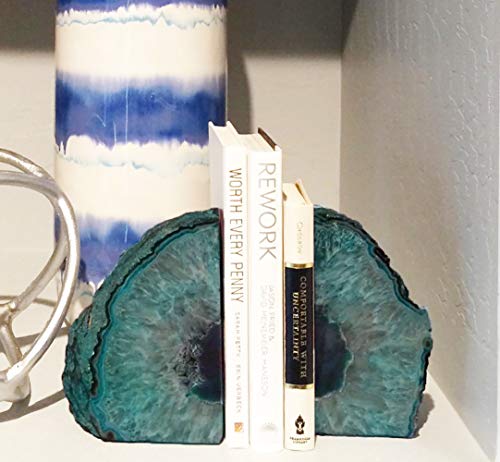 AMOYSTONE Large Agate Geode Bookends Heavy Duty Stone Book Ends Decorative Bookend Holder Home Office Decor with Rubber Bumpers Teal 1 Pair 4-6 LBS - color: Dyed Teal, size: 4-6LBS