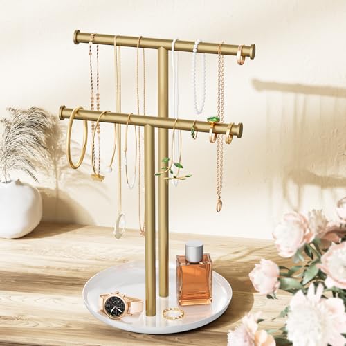 Gold Necklace Rack Stand with Storage Tray - 2 Rods T-Shaped Jewelry Holder Stand for Bracelets, Earrings, Rings | Elegant Vanity & Dresser Top Storage for Women. - color: Gold