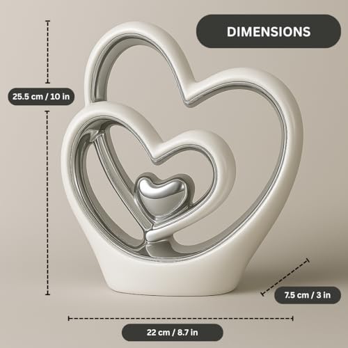 Silver Heart Ornament – Elegant Ceramic Couple Sculpture – White & Silver Tabletop Decor – Romantic Centerpiece for Living Room, Bedroom or Office – Anniversary or Valentine’s Gift