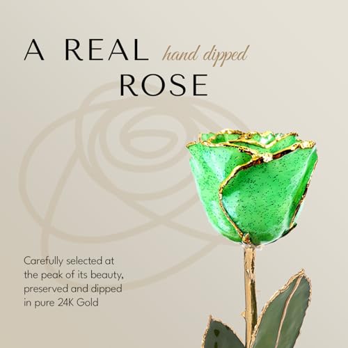 Forever Rose Hand-Dipped in 24K Gold, Peridot-Inspired August Birthstone with Sparkles, Real Rose in Luxury Gold Gift Box & Clear Glass Bud Vase – Perfect Ready for August Birthday or Any Occasion - color: August Peridot