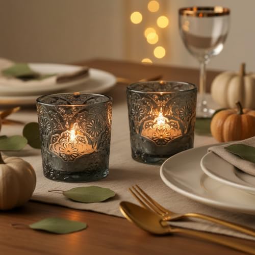 6 Pack Mandala Embossed Glass Candle Holders – Votive Tealight Holders with Patent Design, Decorative Embossed Glass Cups for Wedding Centerpieces, Parties, and Home Décor (Smoky Quartz) - color: Smoky Quartz