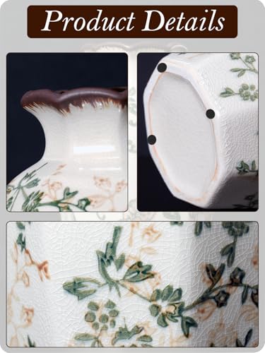 Vintage Ceramic Vase - 9 Inch Hand-Painted Flowers with Ice Crackle Glaze Finish, American Farmhouse Style Pitcher Vase for Home Decor, Centerpiece, Shelf, Table, Office - color: Beige and Green-003