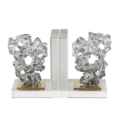 Deco 79 Glass Handmade Decorative Bookends Freeform Non Skid Bookends with Clear Gold Supports, Set of 2 Office Bookends5 W, 6" H, Clear - size: 5"W, 6"H