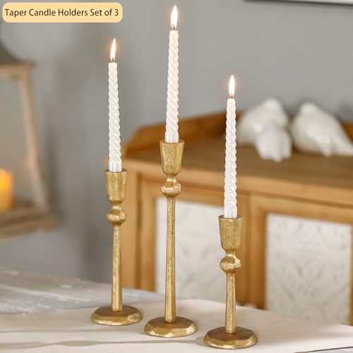 Gold Taper Candle Holders Set of 3, Heavy Candlestick Holders Decorative Candle Stand for Table Centerpiece, Cast Iron Candle Stick Holder Decor - color: Antiqued Gold 3